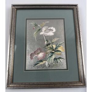 Vintage Foil Floral Asian Print Silver Wood Frame Signed Seal 11"x13"